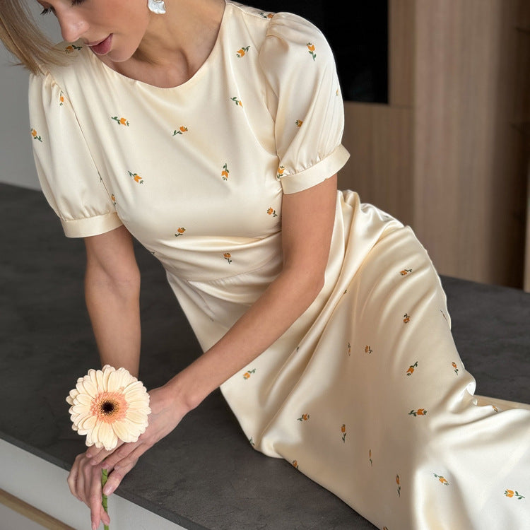 Cream Yellow Floral Print Satin Midi Dress
