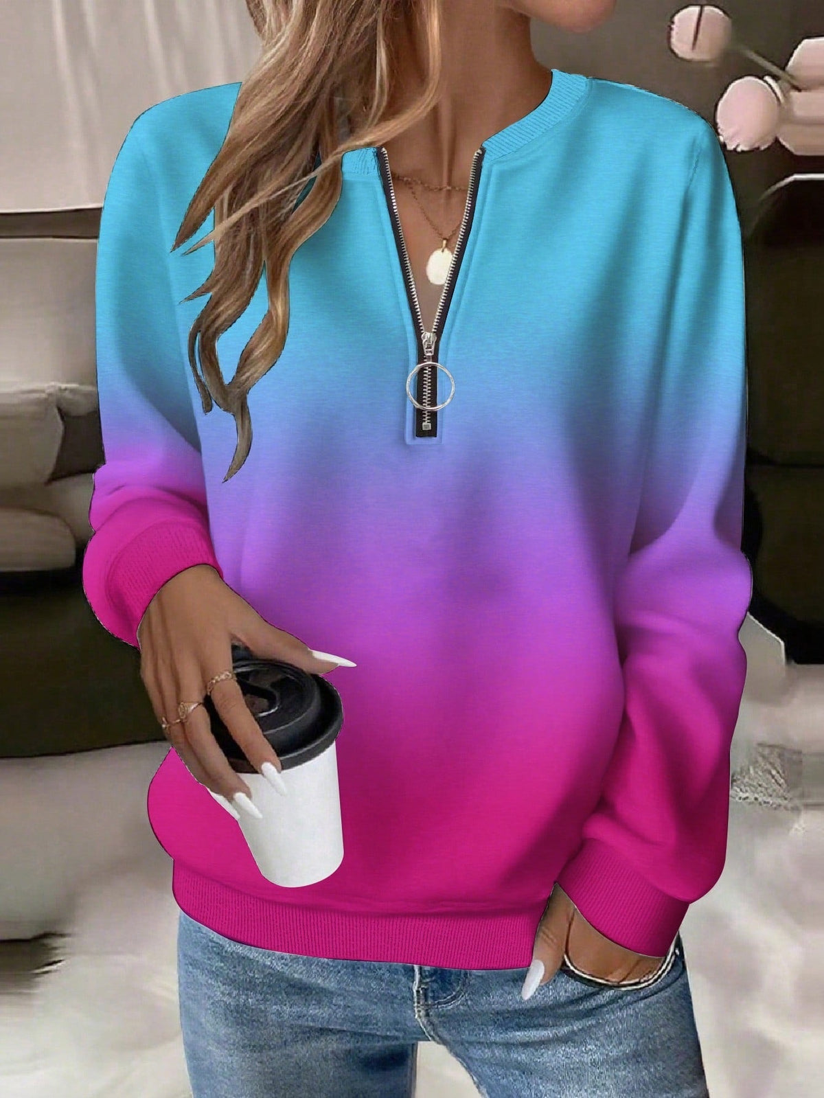 2026 Fashion European And American Trend New Loose HalfZip Casual Women's Long Sleeve Hoodie