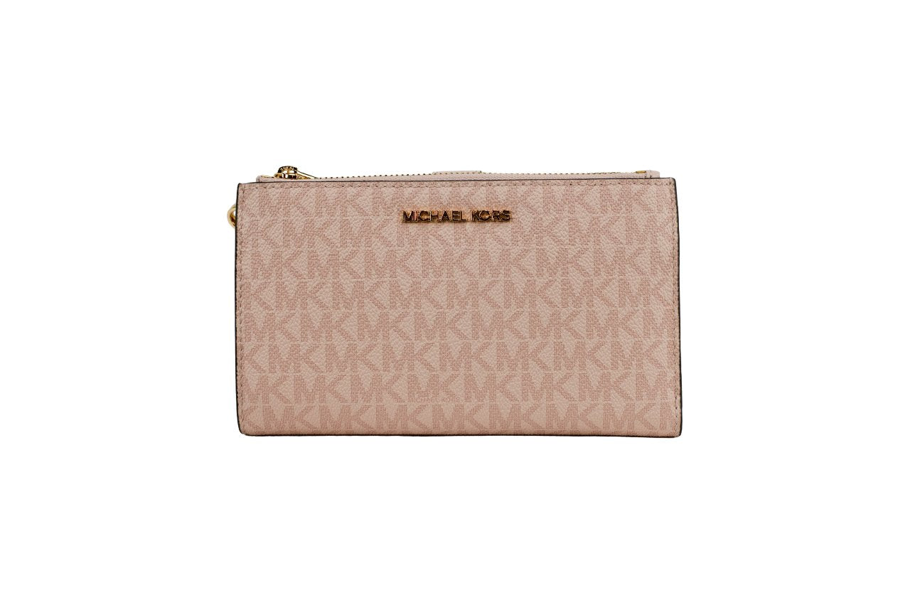 Michael Kors Jet Set Travel Dark Powder Blush PVC Large Double Zip Wrist Wallet