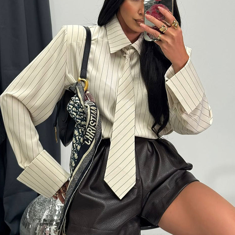 Commuter Striped Tie Collared Long-sleeved Shirt