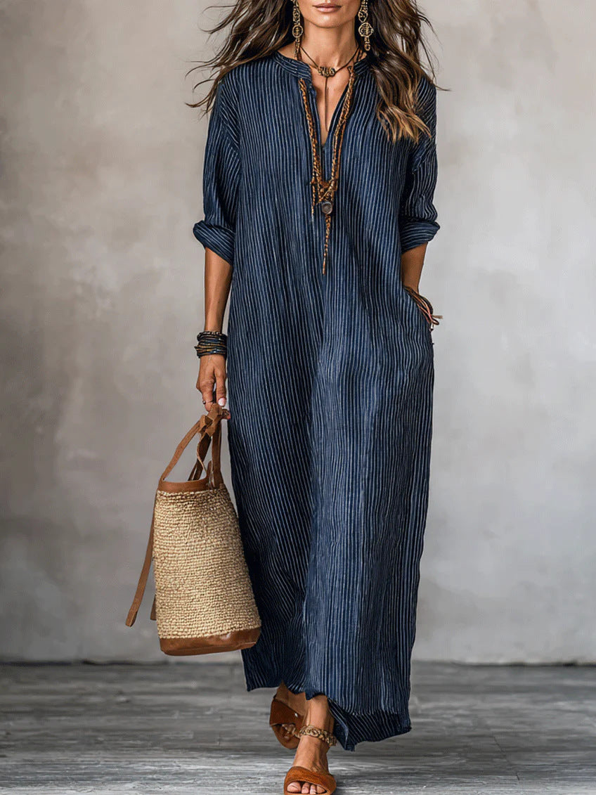 Fashionable V-neck Striped Loose-fit Dress