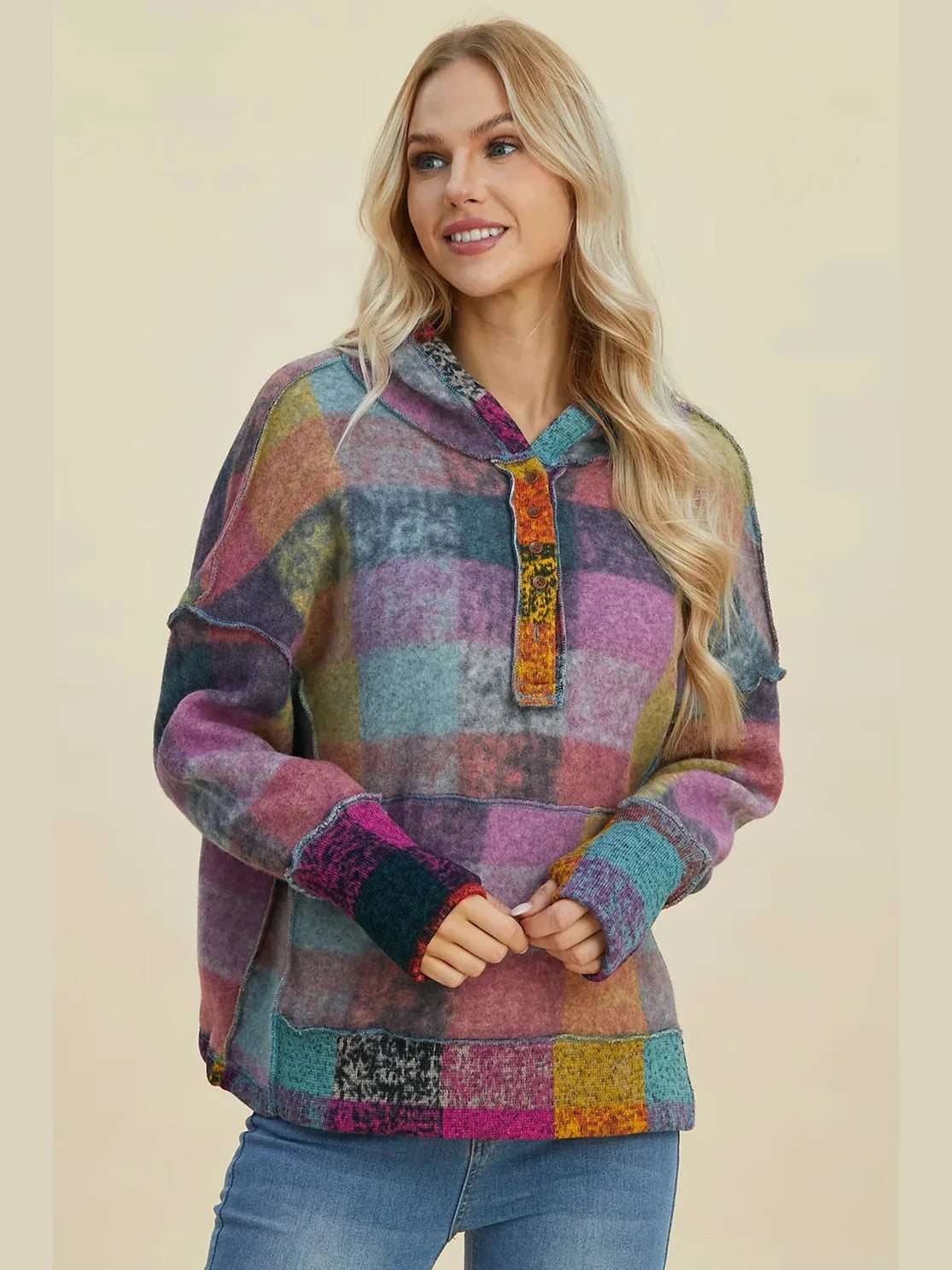 Double Take Full Size Plaid Dropped Shoulder Fleece Hoodie