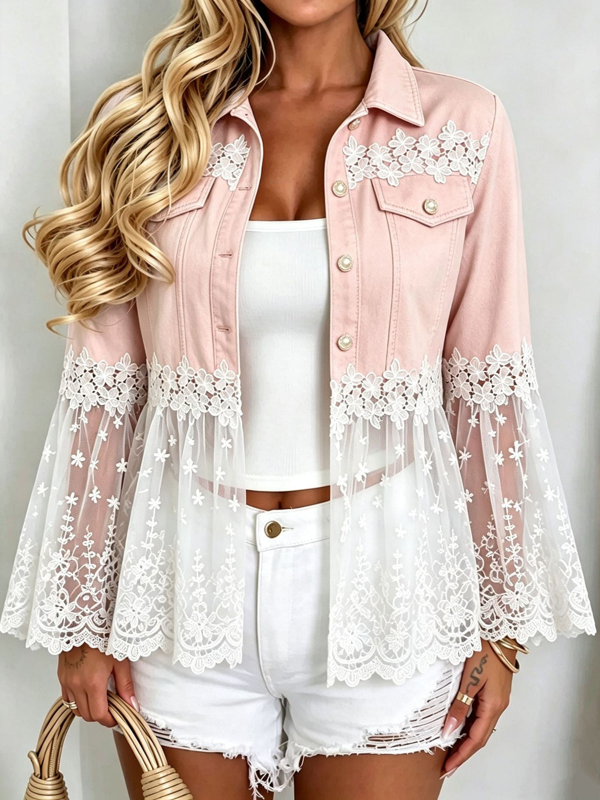 2026 Autumn Cross-Border Amazon AliExpress Temu Shein Lace Mesh Patchwork Bell Sleeve Denim Jacket