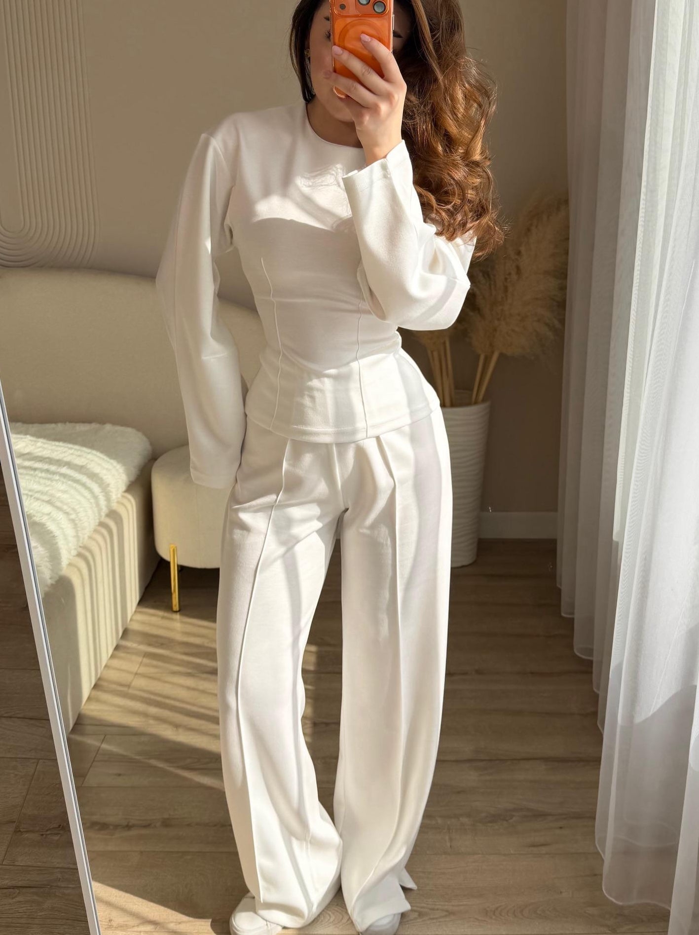 Fashionable Long-sleeved O-neck Pleated Top And Wide-leg Pants Set