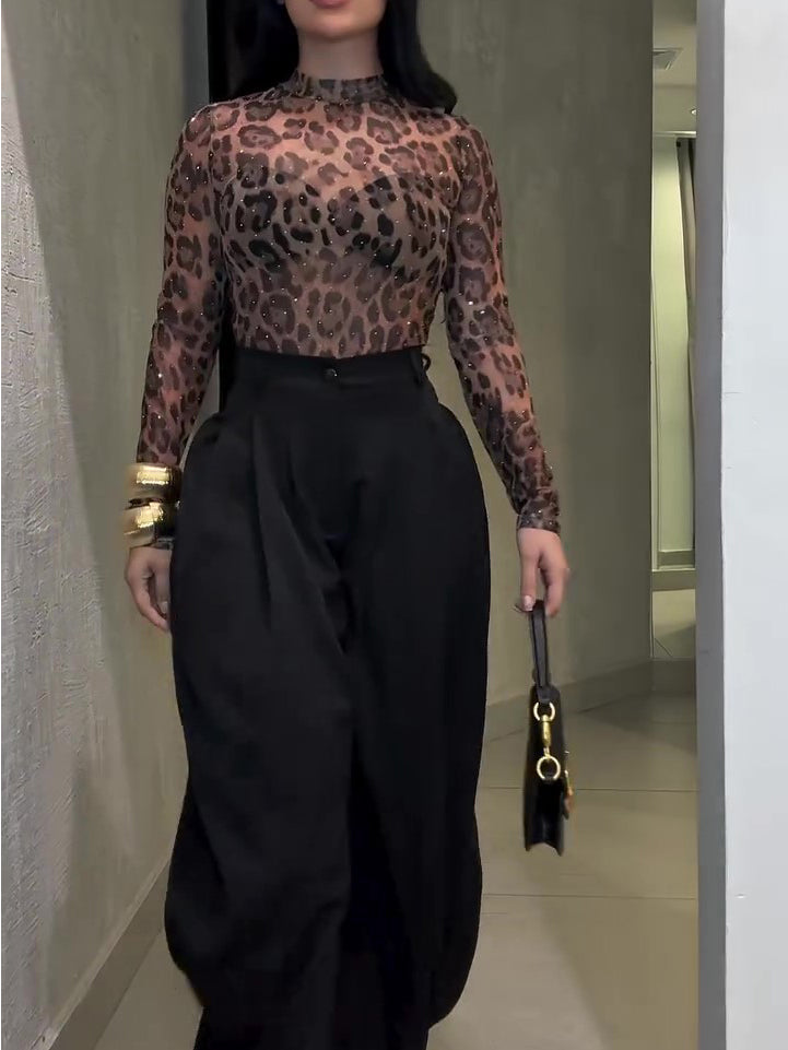 Leopard Print High Neck Diamond Long Sleeve Top