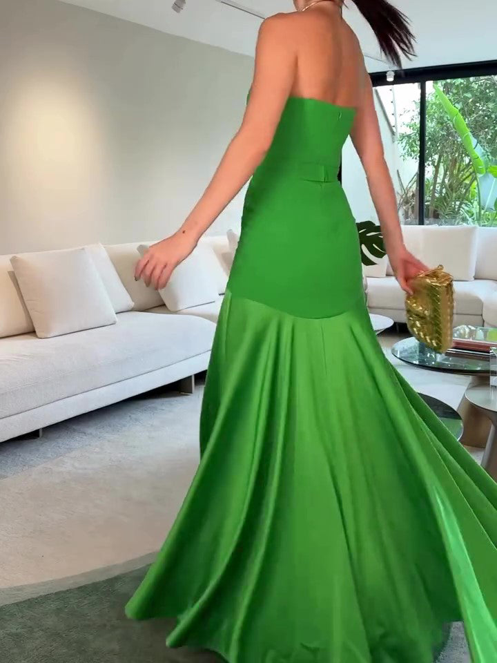 Green Tube Top With Satin Patchwork Evening Dress