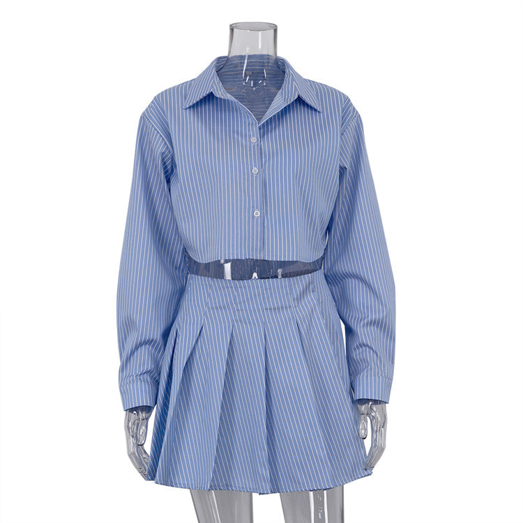 Fashionable Striped Collared Long-sleeved Shirt And Skirt Set