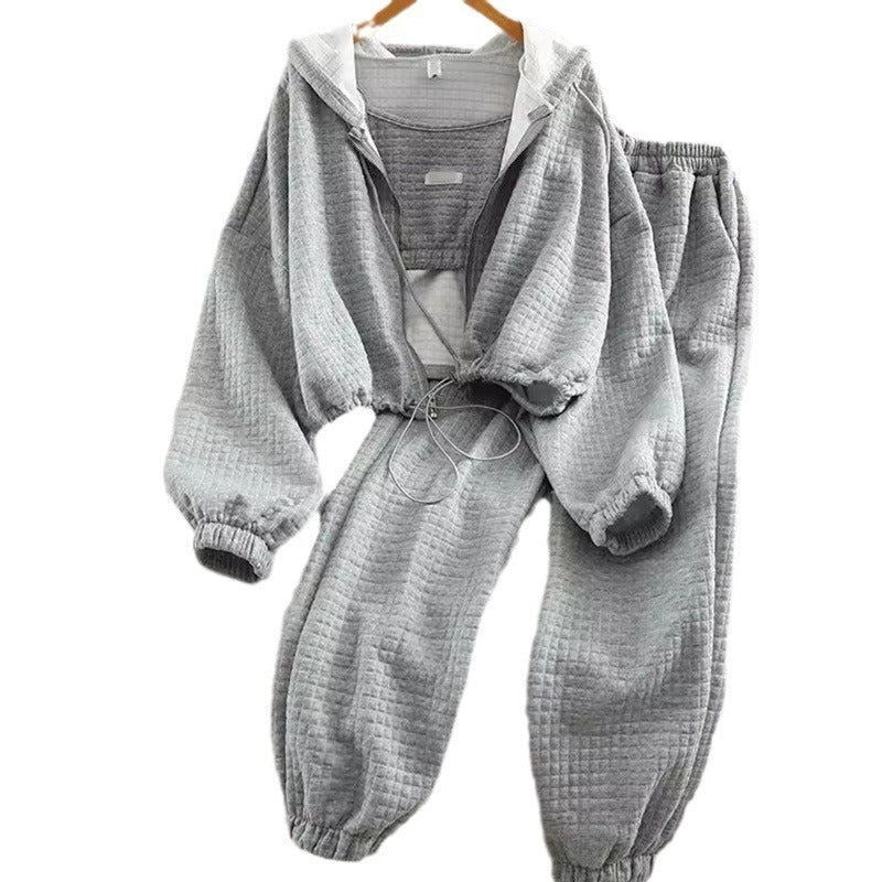 Japanese Korean Casual Hooded Cardigan Set - Zipper Sports Three Piece Suit (Black, Gray, White)