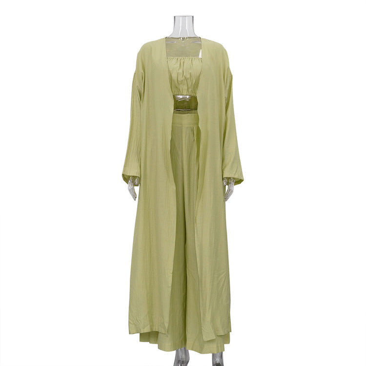Sage Green 3-Piece Loungewear Set - Crop Top, Kimono Cardigan & Wide Leg Pants