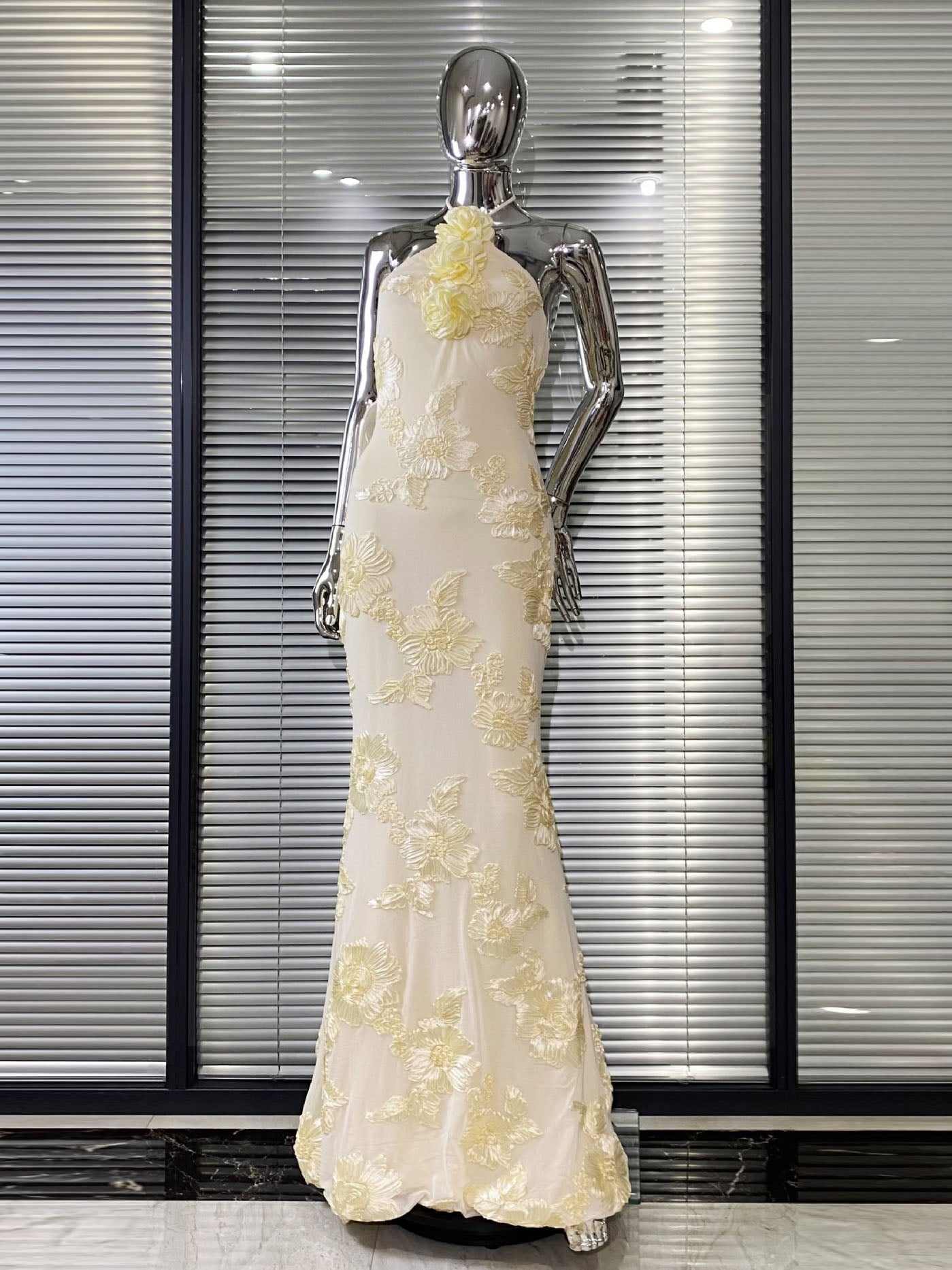 Cream Floral  Halter Neck Mermaid Gown