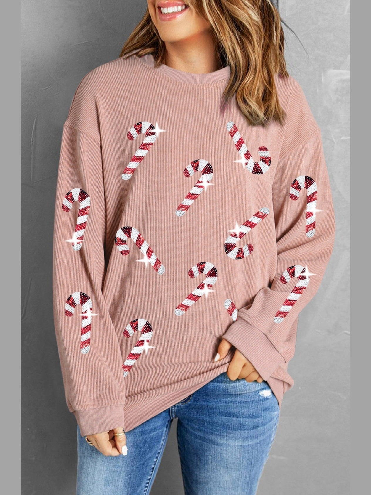 Women Sequin Candy Cane Round Neck Christmas Sweatshirt