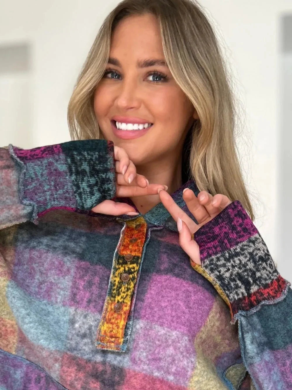 Double Take Full Size Plaid Dropped Shoulder Fleece Hoodie