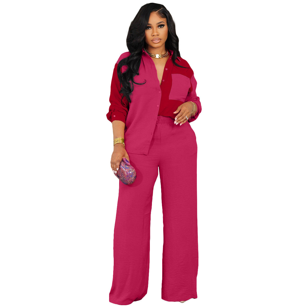 New Color Contrast Patchwork Pocket Casual Shirt Suit Two-piece Set