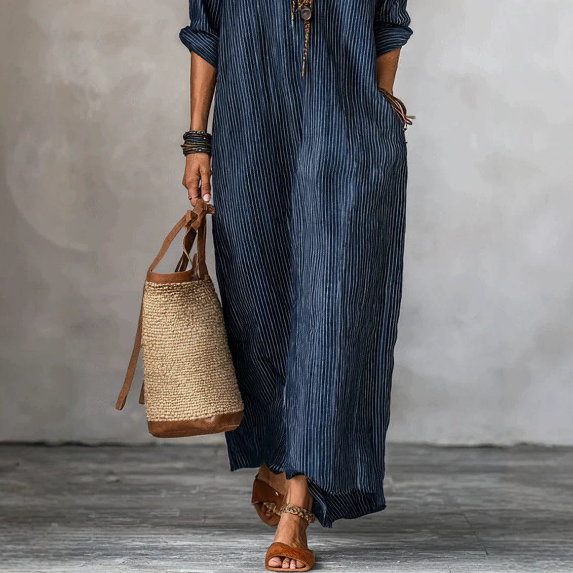 Fashionable V-neck Striped Loose-fit Dress