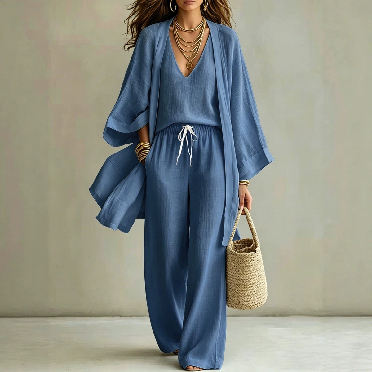 Womens Casual Three-piece Set Nine-quarter-sleeve Cardigan Sleeveless Vest And Long Pants