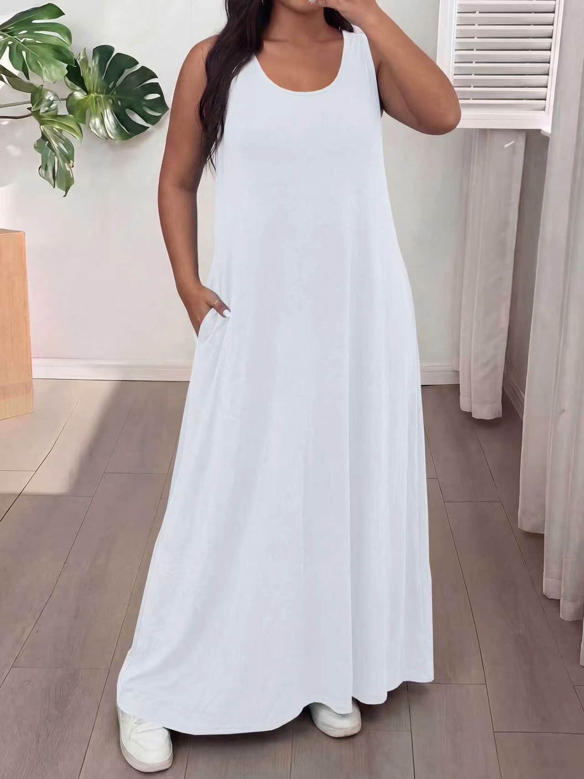 2026 Summer Womens Sleeveless Maxi Dress, U Neck Loose Casual Long Dress With Pockets