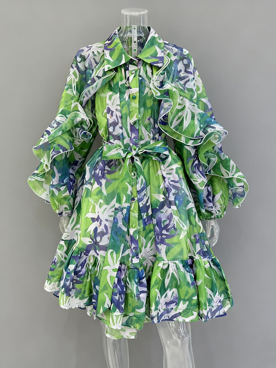 Single-breasted Stylish Tie-waist Collar Long-sleeved Dress
