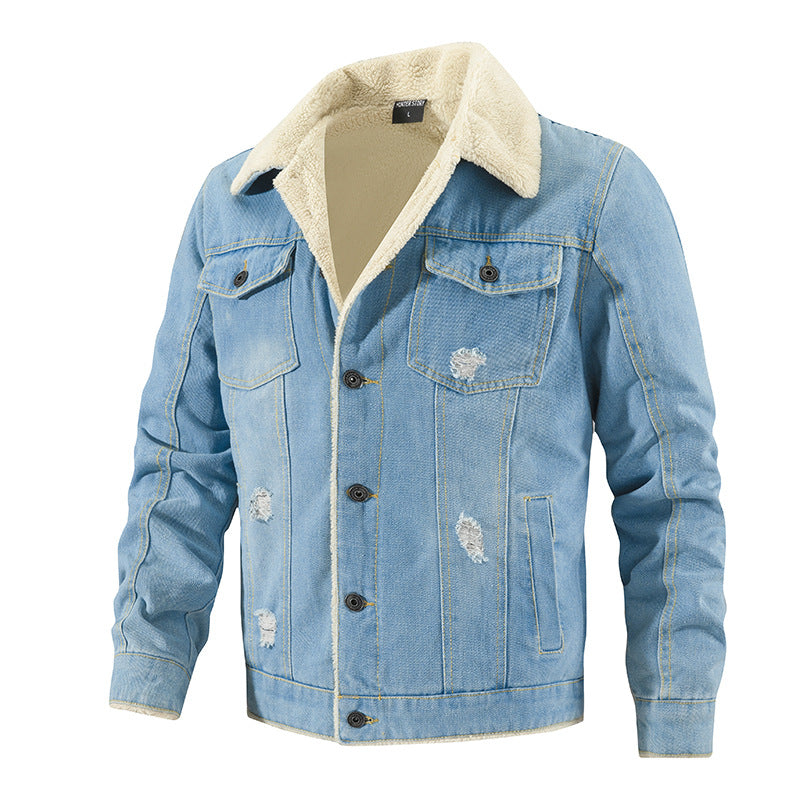 2026 Cross-Border Autumn And Winter Men's Long-Sleeve Fleece-Lined Thickened Denim Jacket With Turn-Down Collar, Large Size, Casual Versatile Fashion Urban Style