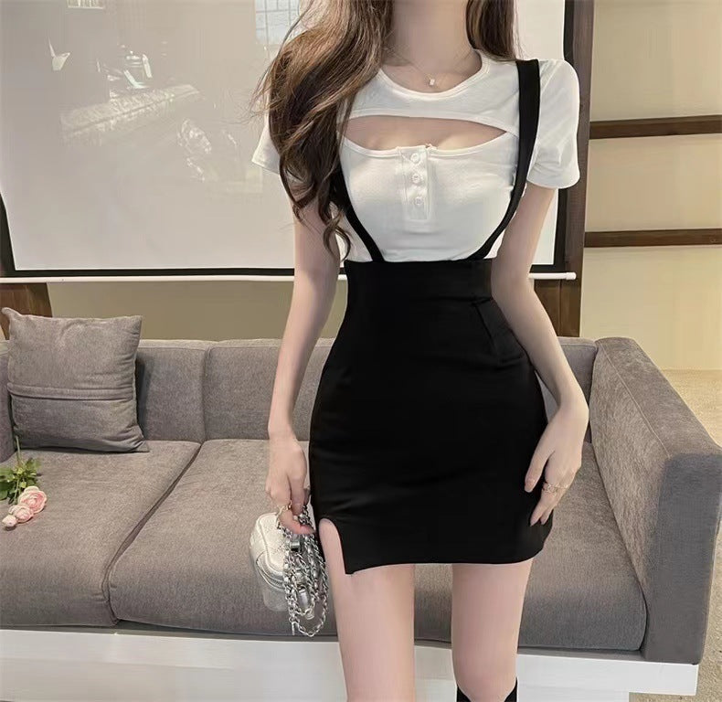 Lightly Mature Suit Female Strap Suspender Skirt Short Sleeve Suit