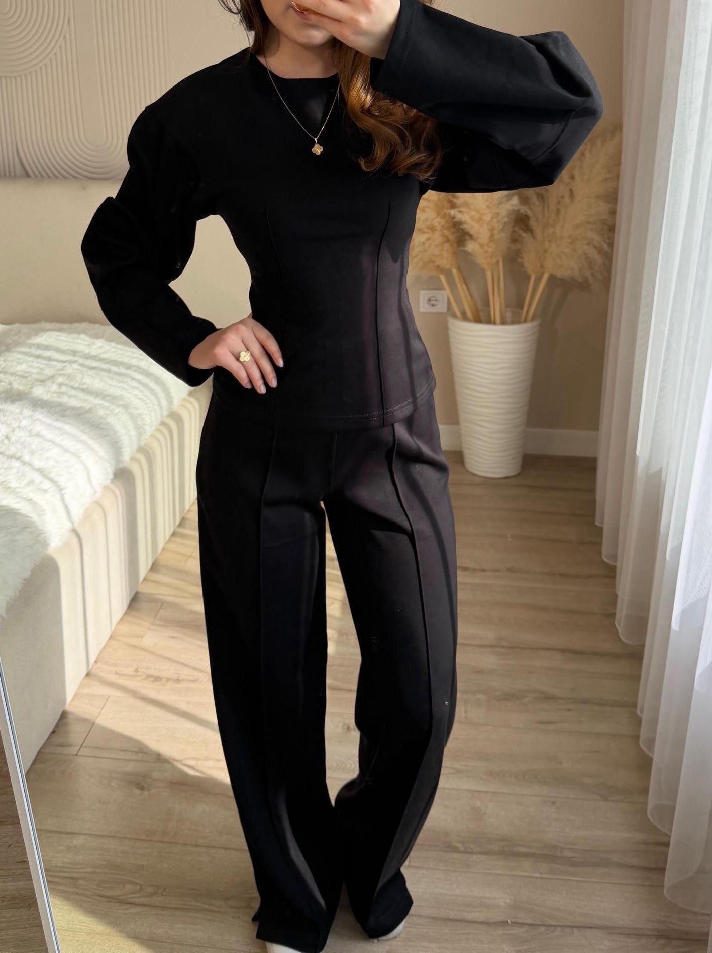 Fashionable Long-sleeved O-neck Pleated Top And Wide-leg Pants Set