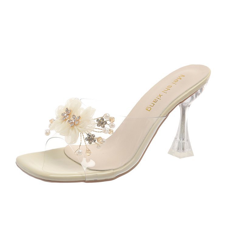 Transparent Slippers Outer Wear Stiletto Open Toe Flip-flops Flowers