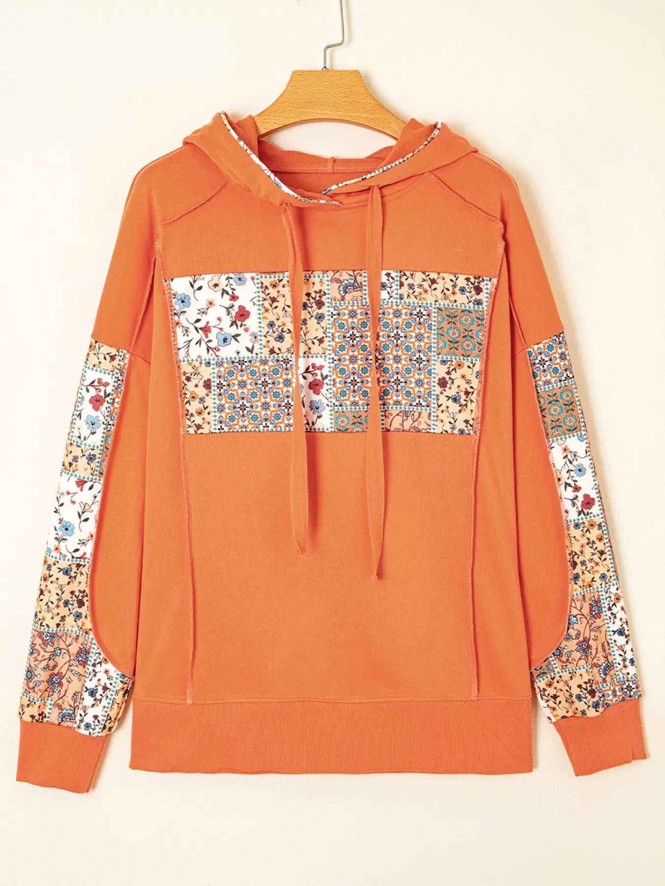 Floral Patchwork Hoodie with Drawstring