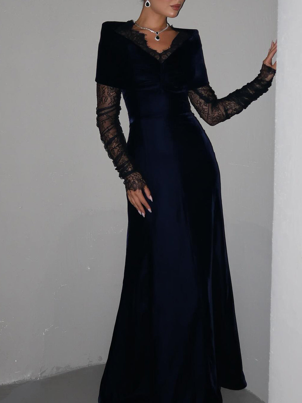 Navy Blue Velvet Lace Long-Sleeve Gown