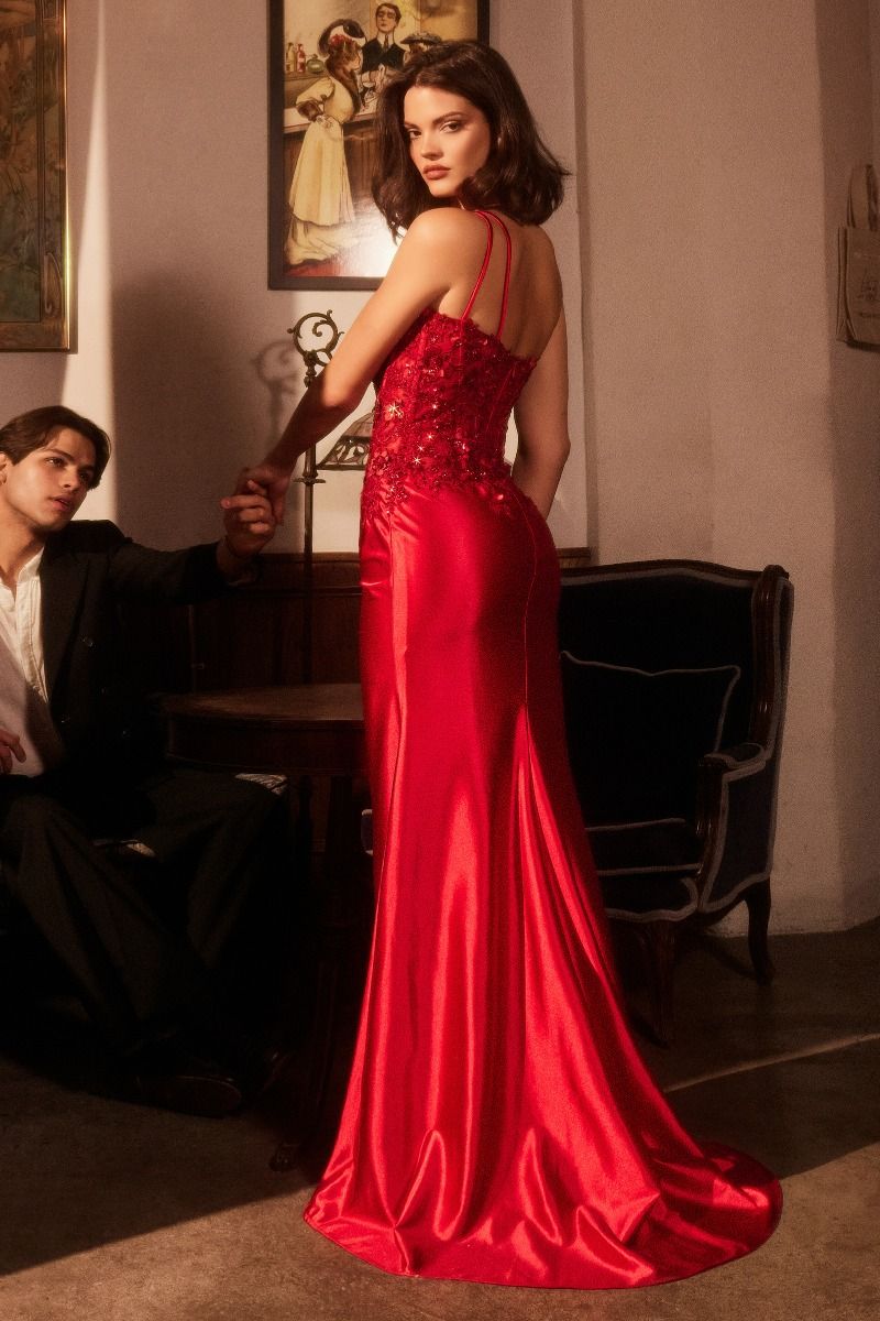 One Shoulder Satin Dress With Lace Applique