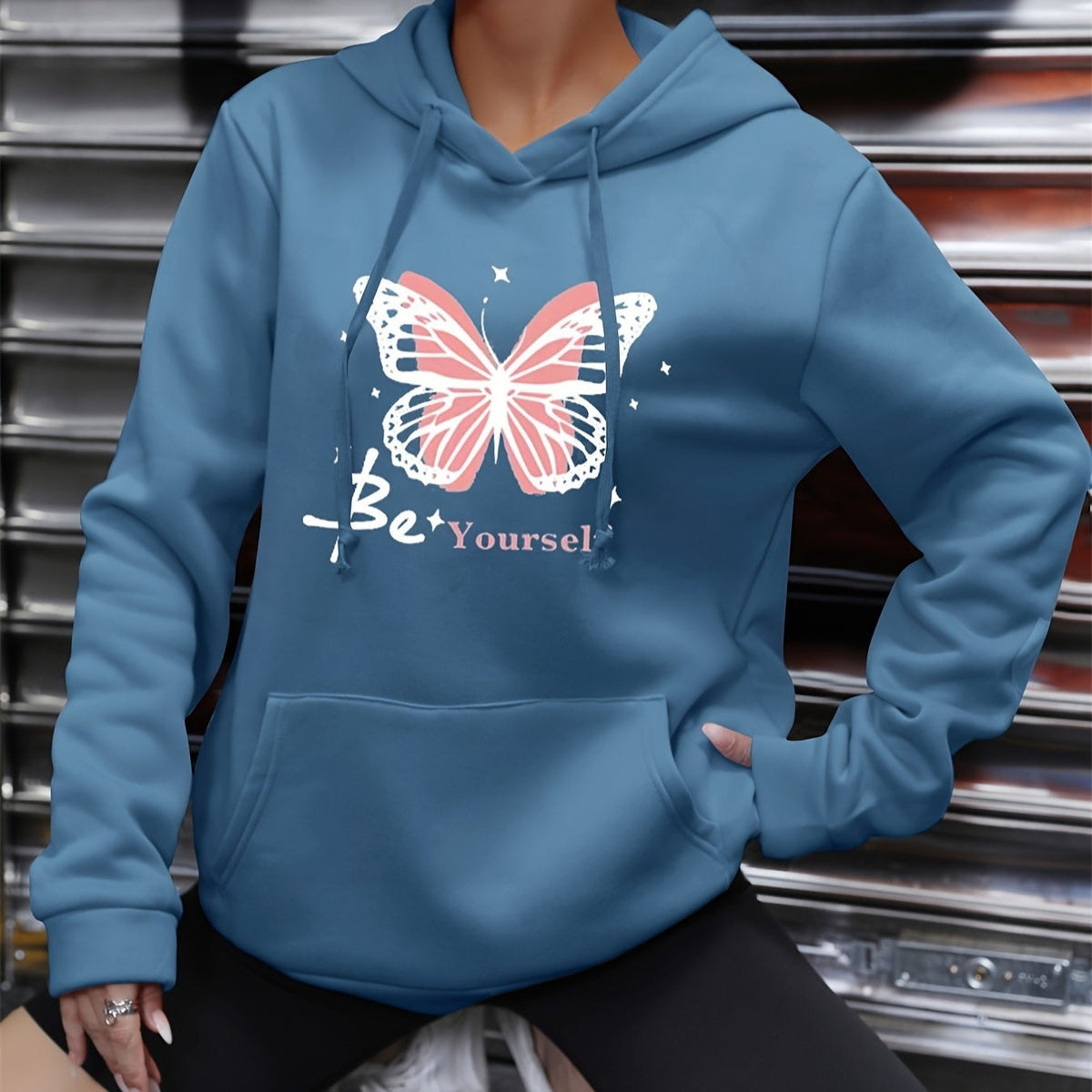 Butterfly Self-printed Drawstring Sweatshirt Female