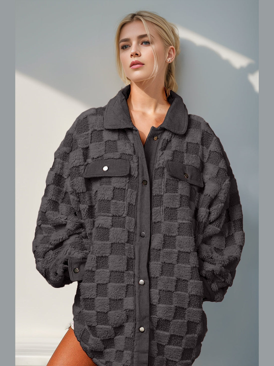 Women Women Double Take Button Up Fuzzy Checkered Shacket