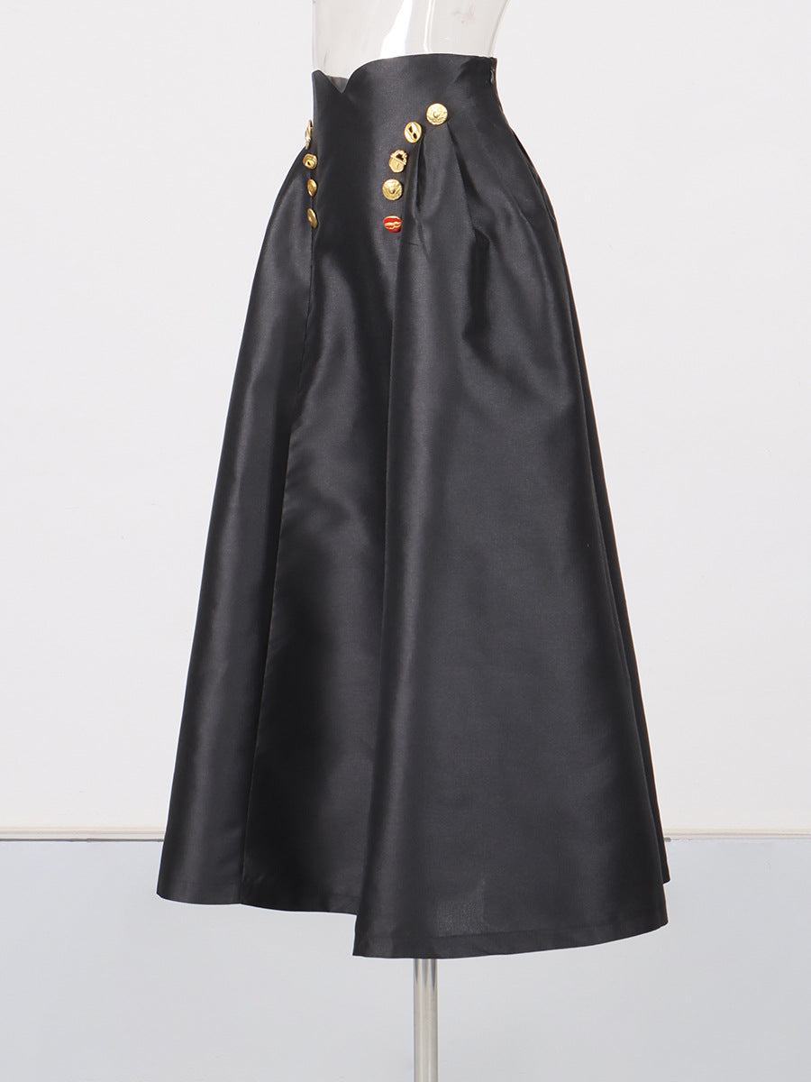 Irregularly Shaped Button-decorated Pleated Midi Skirt