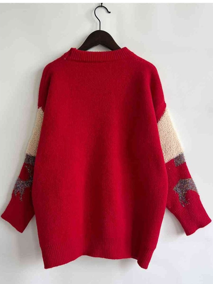 Women Sequin Christmas Tree & Reindeer Round Neck Sweater