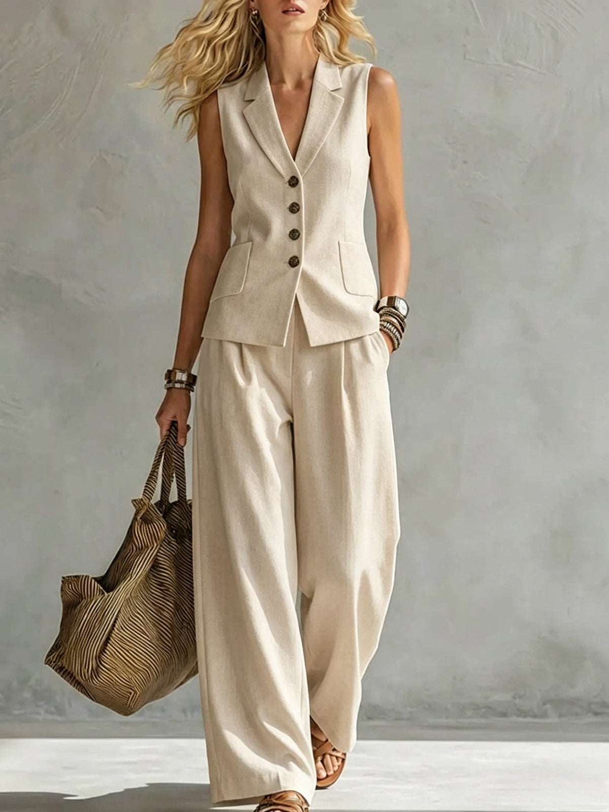 Two-piece V-Neck Sleeveless Vest And Wide Leg Pants For Women Summer Solid-Colored Sleeveless Casual Linen Tank Top And Pants Set