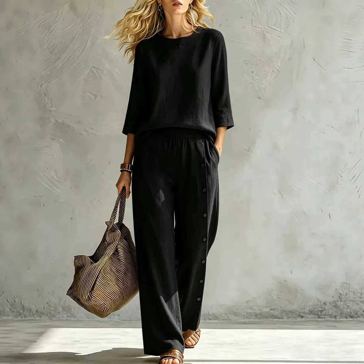 2026 European And American Women's Fashionable Solid Color Buckle Design Casual Loose Two-piece Set
