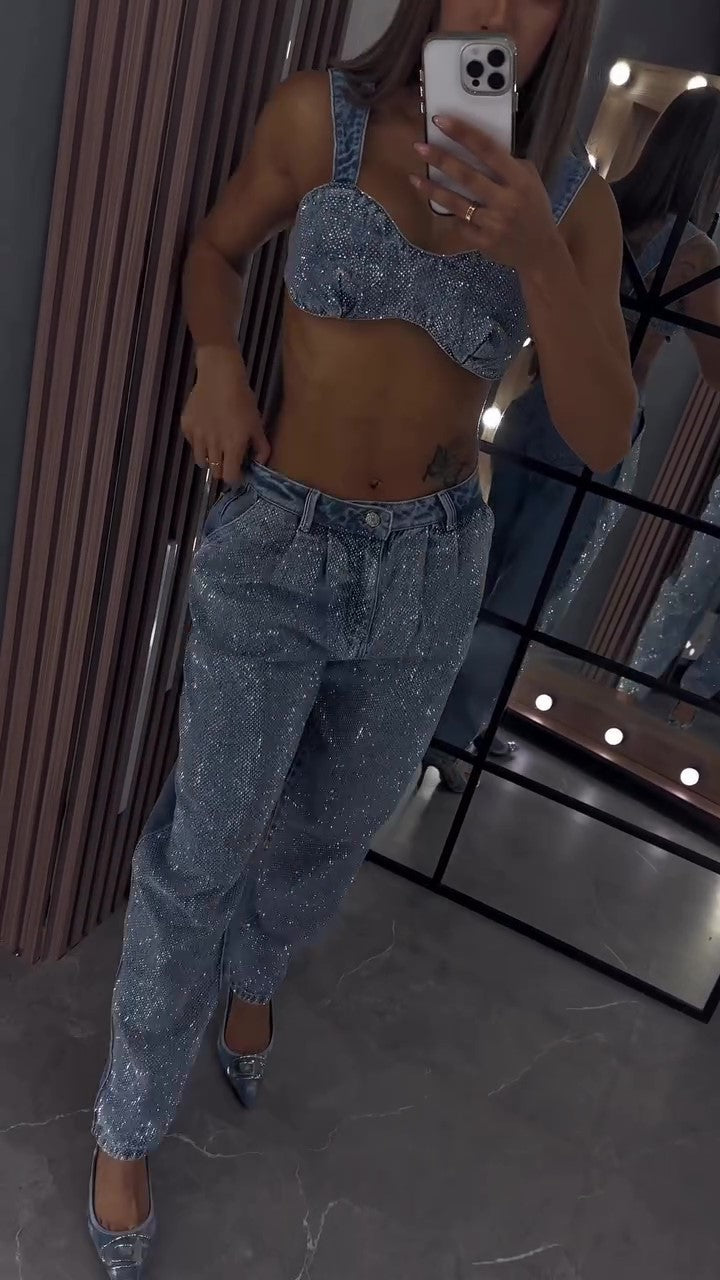 Elegant Glittery Denim Crop Top And Pants Ensemble