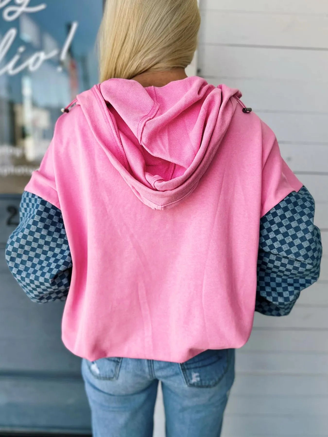 Half Zip Checkered Sleeve Hoodie