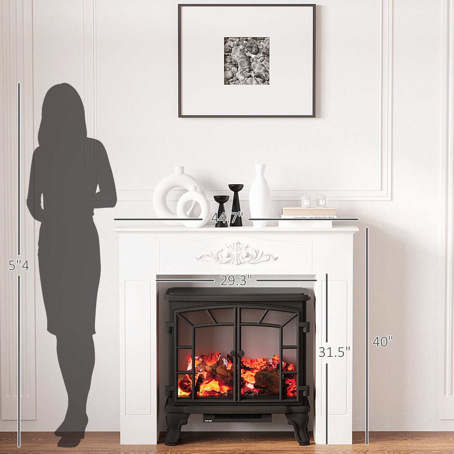 Freestanding Fireplace Surround, Modern Fireplace Mantel with Leg for Electric Fireplaces, 44.7" W x 40" H, White