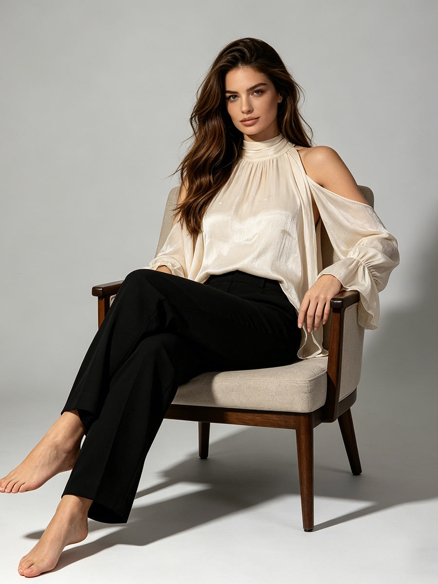 Cream Cold-Shoulder Halter Blouse
