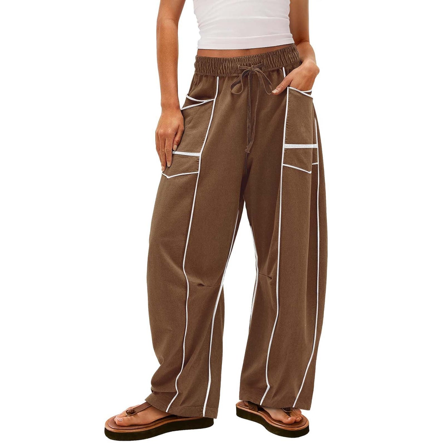 Y2K Black Striped Wide-leg Pants With Pockets Fashion Loose Drawstring Trousers Sports Sweatpants Women's Clothing
