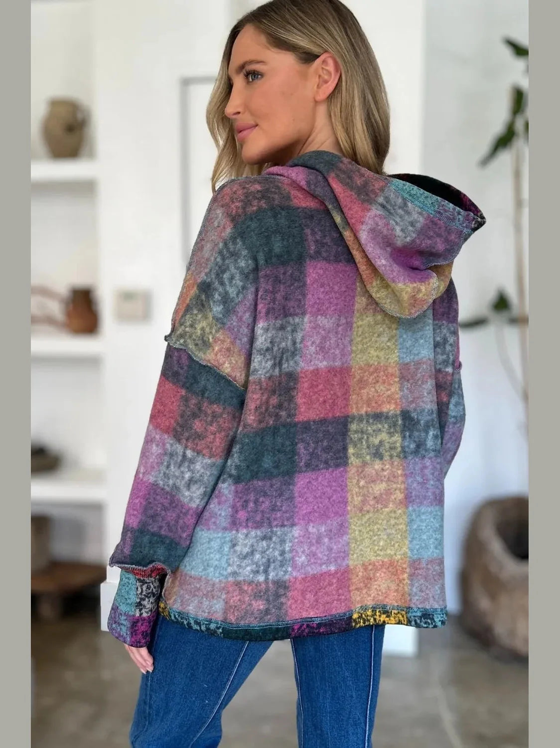 Double Take Full Size Plaid Dropped Shoulder Fleece Hoodie