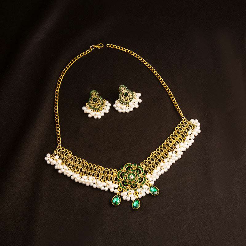 Women's Vintage Moonstone Necklace Pearl Earrings Set