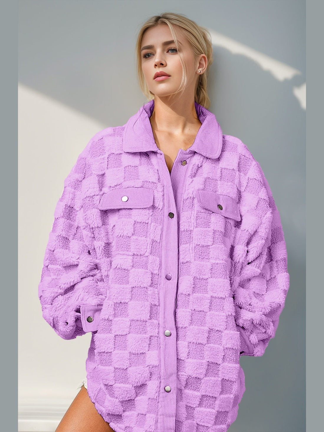 Women Women Double Take Button Up Fuzzy Checkered Shacket