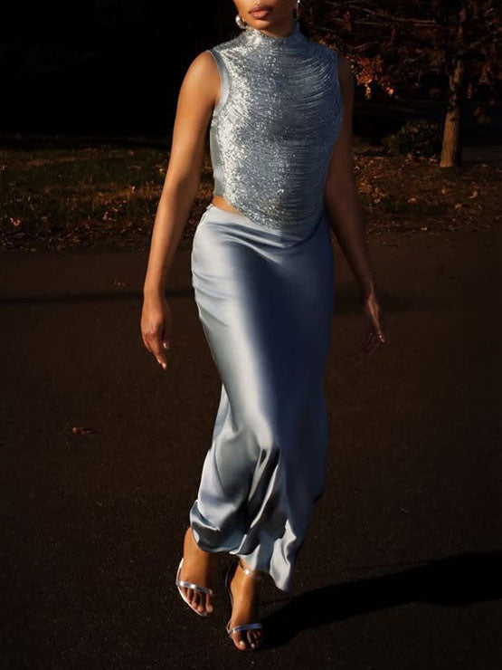 Elegant Sleeveless Tassel-trimmed Zippered Satin Fishtail Maxi Dress Set