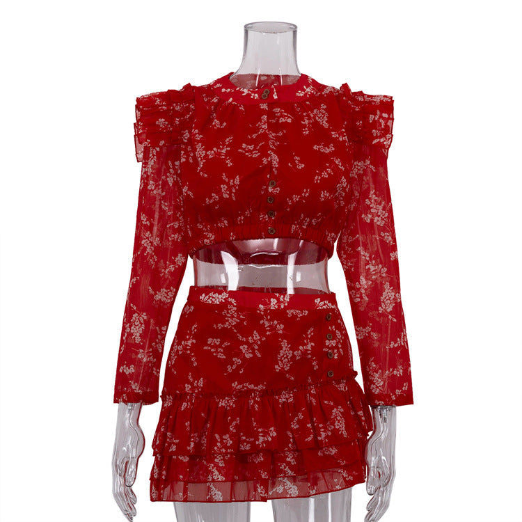 Round Neck Long-sleeved Cropped Top And Printed Skirt Two-piece Set