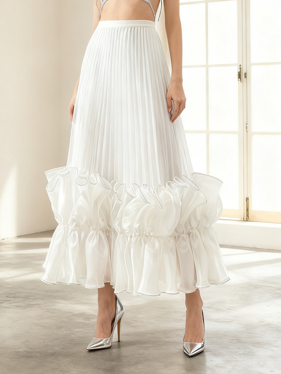 High Waist Pleated Ruffle Hem Midi Skirt
