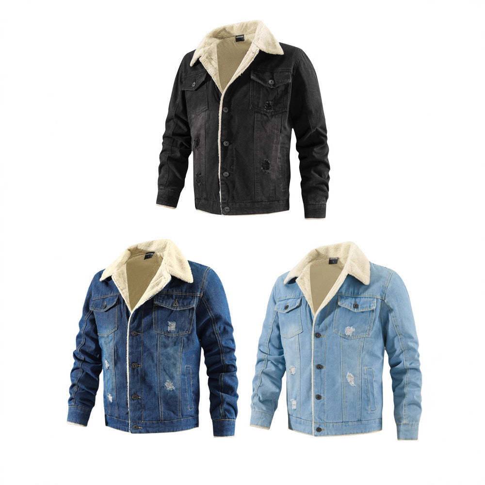 2026 Cross-Border Autumn And Winter Men's Long-Sleeve Fleece-Lined Thickened Denim Jacket With Turn-Down Collar, Large Size, Casual Versatile Fashion Urban Style