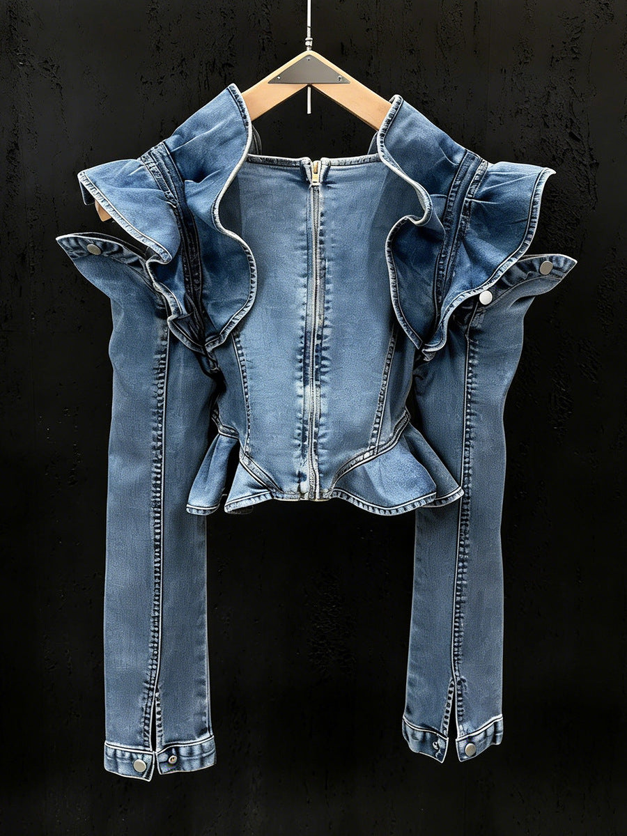 Long-sleeved Cropped Denim Jacket With Ruffled Hem