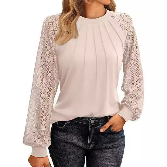 2026 Autumn New European And American Women's Long Sleeved Shirt Lace Top Casual Knitted Shirt