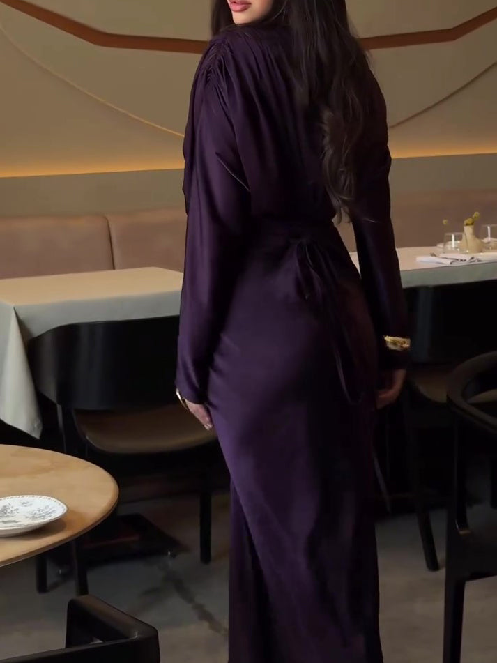Plum Satin Maxi Dress With Wrap Front And Ruched Detail