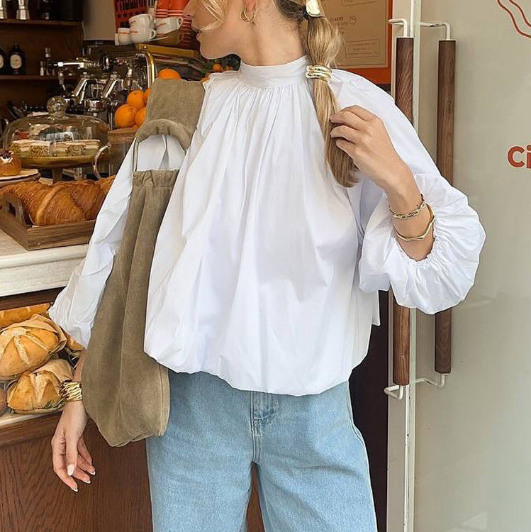 Puff-sleeved Backless Stand-collar Blouse